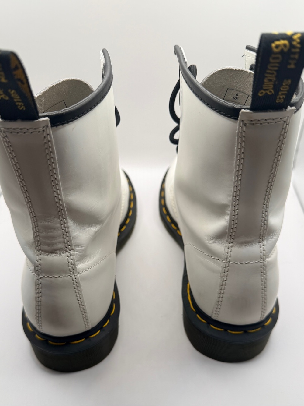 Dr. Martens White Lace-Up Combat Boots with Black Trim and Yellow Stitching - Picture 4 of 6